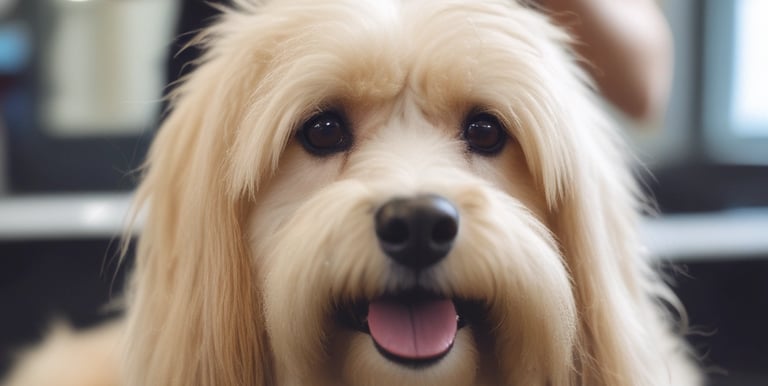 A happy pet owner cuddling their freshly groomed dog in a serene setting.