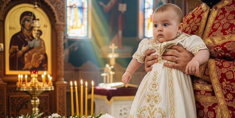 A baby in a white gown at their baptism ceremony.