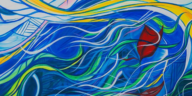 Dreamy painting of water and and a Rose by contemporary Puerto Rican artist Hjalmar Lopez