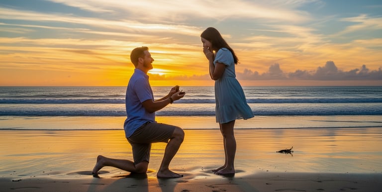 A man kneeling and proposing marriage to a woman.