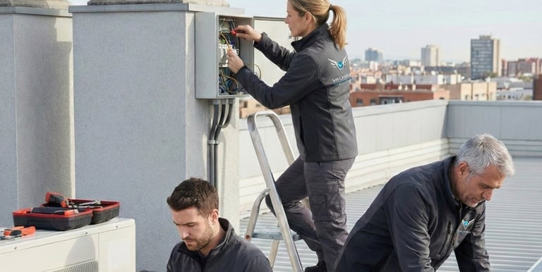 Técnico de mantenimiento realizando reparaciones de electricidad y fontanería en edificio