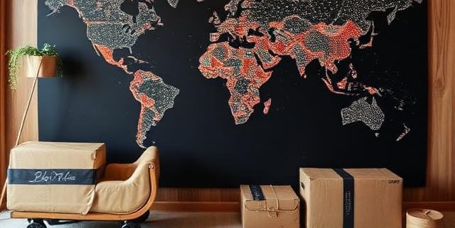 Large black world map wall art in a modern wood-paneled room with cardboard shipping boxes.