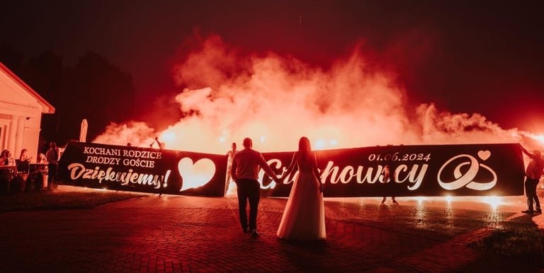 podświetlane napisy pirotechniczne baner z imionami nowożeńców wesele