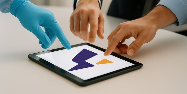 Three persons touching a tablet