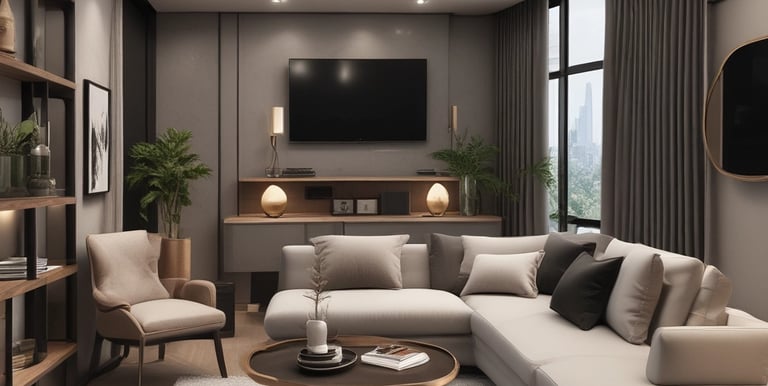 A stylish furnished living room with large windows overlooking the city skyline.