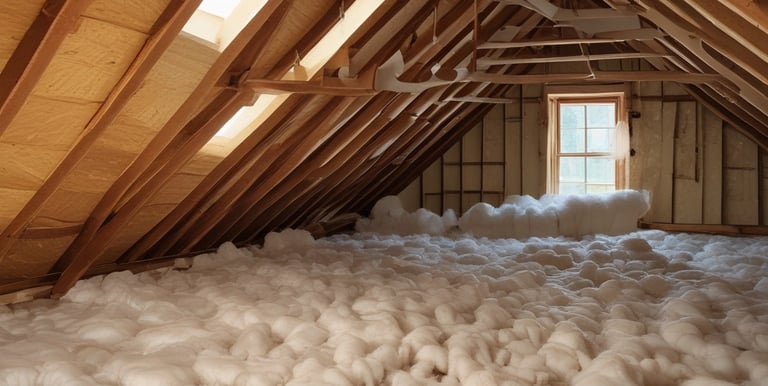 Close-up of insulation being inspected in a home's attic.