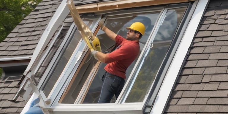 Craftsman fixing a roof tile under bright daylight.