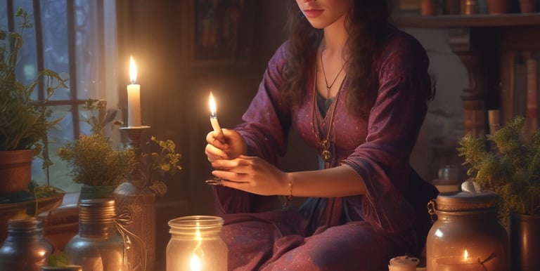 A clear quartz crystal stands upright on a circular, decorative mandala-patterned base. The background includes a soft fabric pouch with a geometric design and a round card with text, adding to the aesthetic appeal.