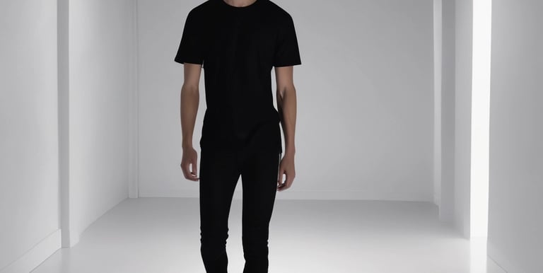 Model wearing a neutral-toned tech t-shirt in a bright, warm outdoor setting.