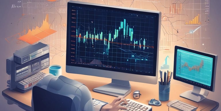 A person is holding a smartphone displaying a financial trading app. The screen shows a candlestick chart with various trading metrics, including the current price, percentage changes, and buttons for different actions. The person's hands are visible, and a black background accentuates the smartphone screen.
