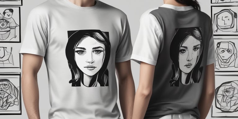 A clothing store display featuring neatly folded sweatshirts and t-shirts on wooden shelves, along with a range of hanging garments such as hoodies and shirts. The foreground shows a table with neatly folded pants and an empty wooden hanger.