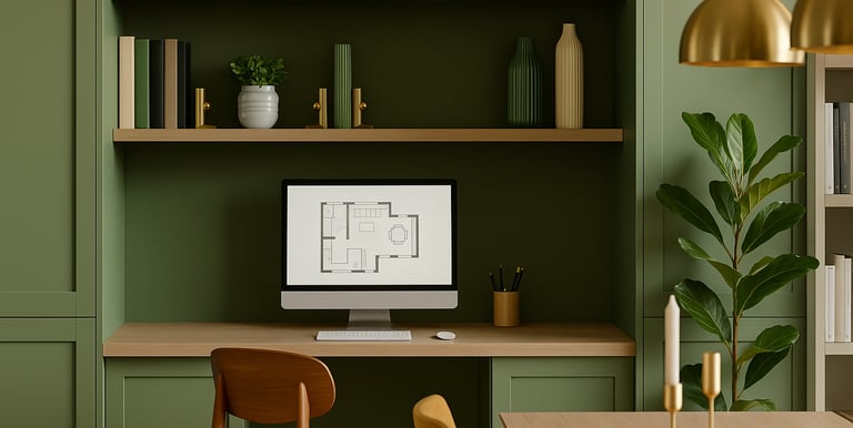 Escrivaninha sob medida em tons verdes, criando um ambiente de home office lindo, autentico
