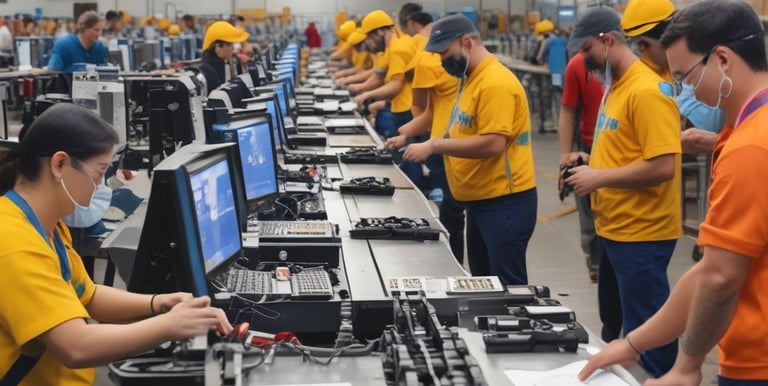 A diverse group of employees engaged in interactive AI-powered training on laptops.