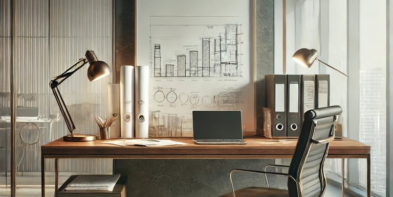 Workspace with laptop and documents, symbolizing innovation and planning.