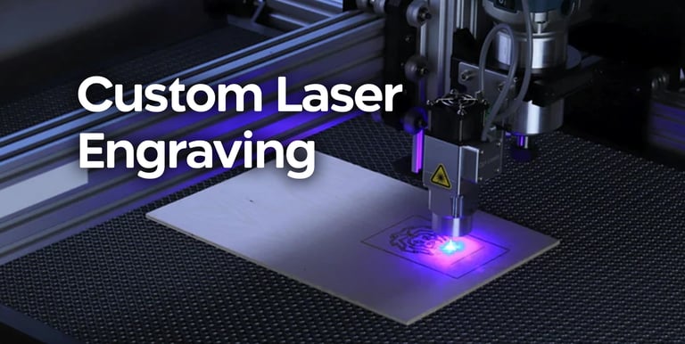 Laser engraver etching wood with blue light. Custom engraving services for signage and merch.