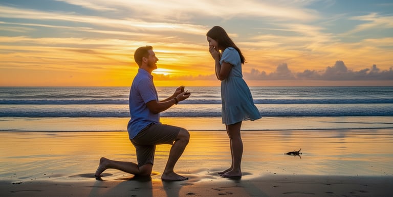 A man kneeling and proposing marriage to a woman.