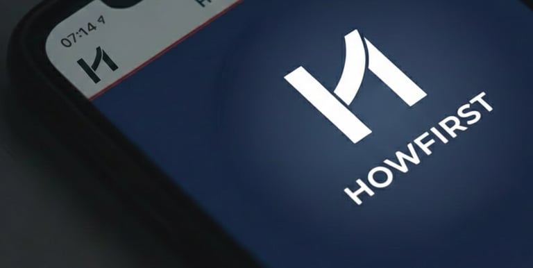 un telefono con la schermata di avviamento di un'app chiamata HOWFIRST.