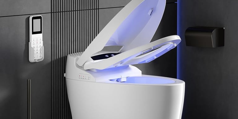 a toilet with a blue light on it