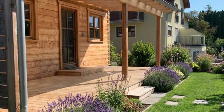 Überdachte Holzterrasse an einer Holzfassade im Garten von Holztechnik Volk am Ammersee