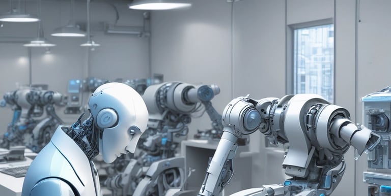 A sleek modern office with screens displaying AI-driven automation workflows.