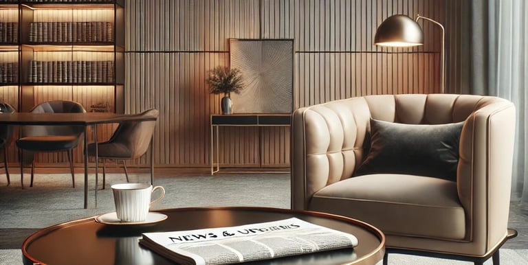 Sillón elegante, mesa con café y periódico, simbolizando lectura y actualizaciones.