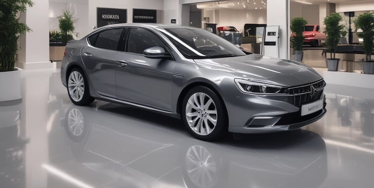 A luxury vehicle in a showroom setting, with a prominent front grille and sleek design. The environment is well-lit, showcasing multiple high-end cars on display.