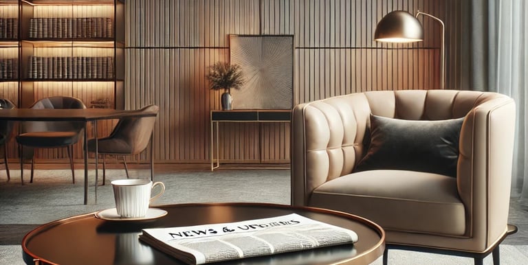 Elegant armchair, table with coffee and newspaper, symbolizing reading and updates.