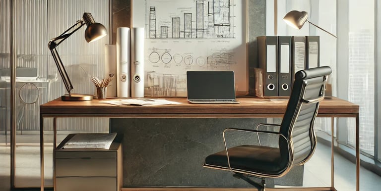 Espacio de trabajo con laptop y documentos, simbolizando innovación y planificación.