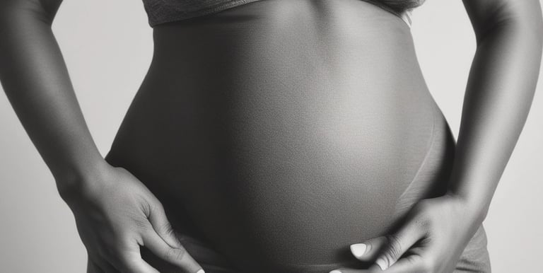 A pregnant woman is gently holding her bare belly with both hands. She is wearing a black lacy bra and an open black robe. The background is softly blurred, with a light, neutral tone.
