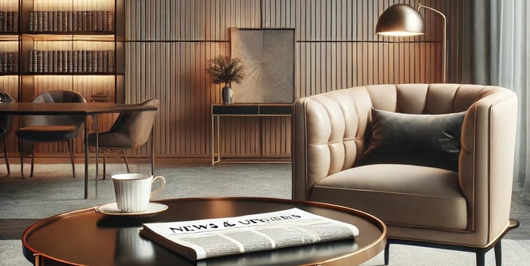 Ambiente com poltrona, mesa, café e jornal, simbolizando leitura sobre economia e empreendedorismo