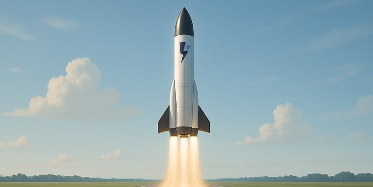 A rocket with the Hally logo taking off serenely