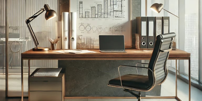 Espaço de trabalho com laptop e documentos, simbolizando inovação e planejamento.
