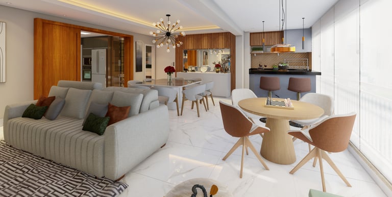 Sala de estar moderna com iluminação natural em apartamento em São Paulo - Morumbi