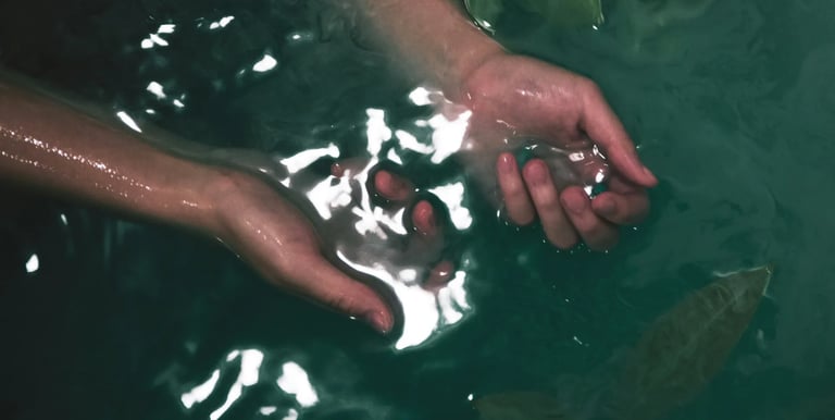 Mains dans l’eau illustrant l’accueil d’un soin ponctuel pour libérer l’excès et clarifier le champ