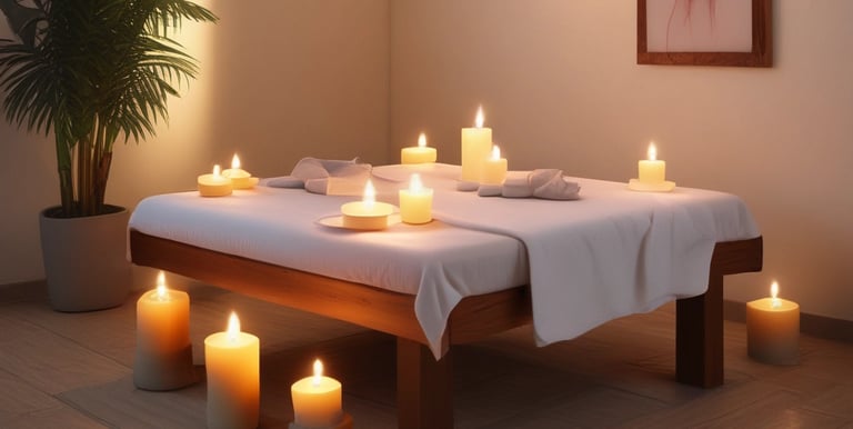 Two lit candles are positioned in the foreground, surrounded by decorative elements such as pine cones and a dried citrus slice. The candles emit a soft, warm glow, casting flickering shadows and creating an intimate atmosphere.