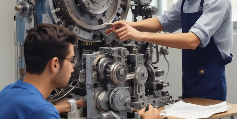 A group of engineers collaborating over technical blueprints in a modern office.