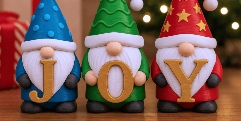 Colorful JOY gnomes in festive scene. 3D printed Christmas décor or holiday table display gift.