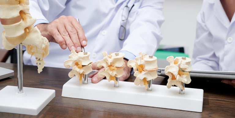 Ein Arzt erklärt dem Patienten anhand von Modellen die Wirbelsäule