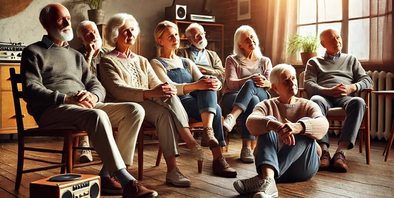 Gruppe älterer Menschen hört entspannt Musik