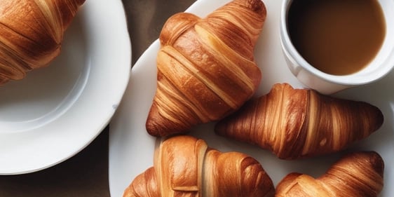 a table with a plate of croissantand a cup of coffee