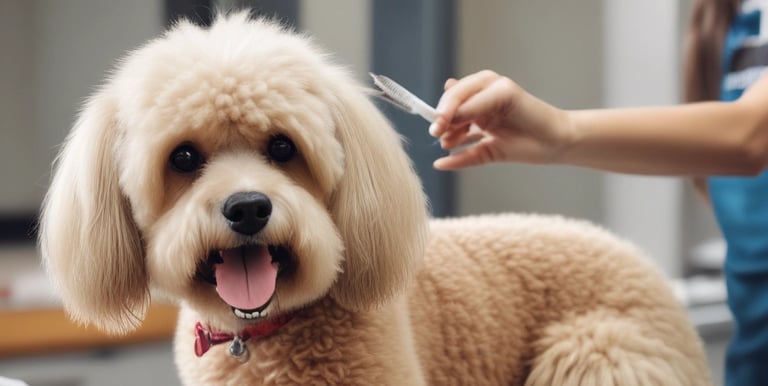 A calm dog being groomed in a bright, pastel-colored salon.