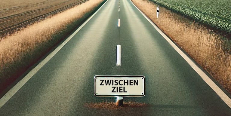 lange Strasse mit dem Schild Zwischenziel