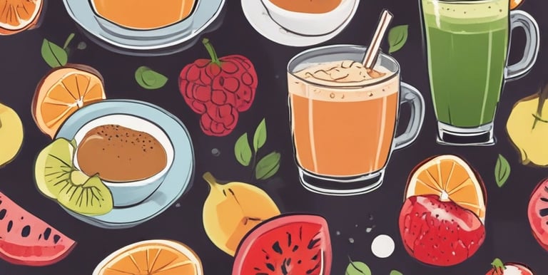 Close-up of a colorful plate with focaccia, salad, and a glass of natural juice.