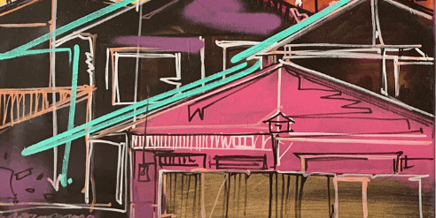 A bright abstract painting of a Puerto Rican cityscape