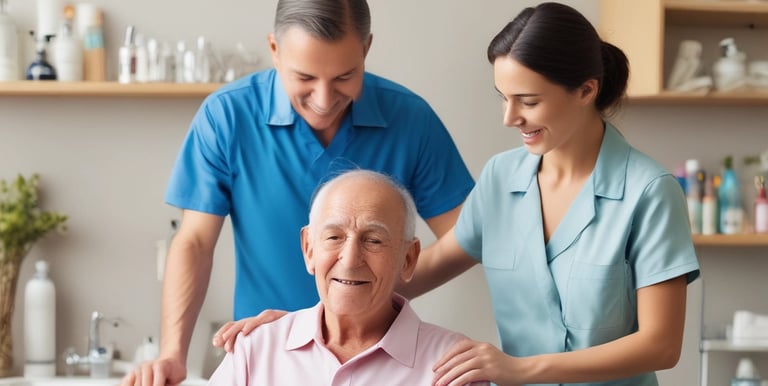 A healthcare professional is assisting a patient in a clinical setting. The patient is sitting on a chair, holding a cup near her mouth. The healthcare worker is wearing gloves and a protective gown, attending to the patient with what appears to be a medical procedure or care routine.