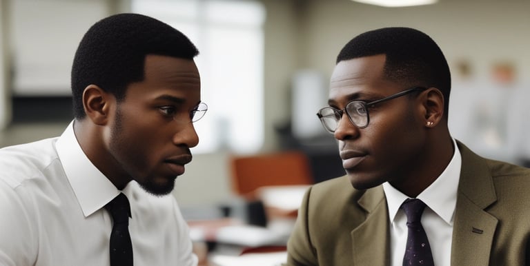 A confident leader speaking passionately to a small team in a modern office.