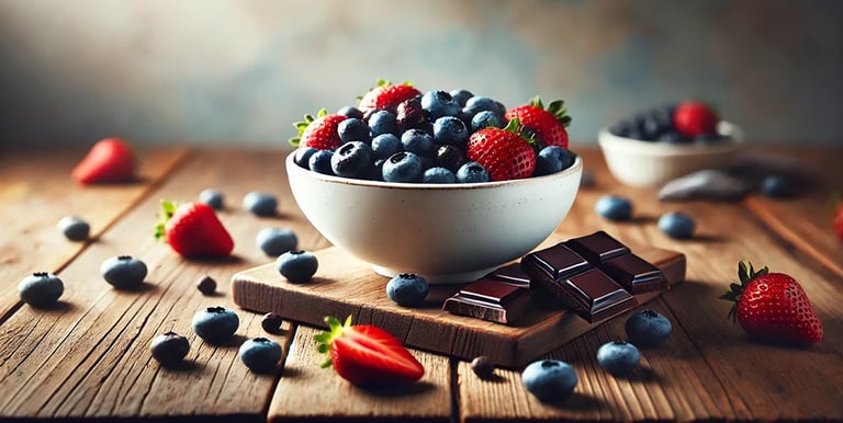 Schüssel mit Beeren und Schokolade auf einem Tisch