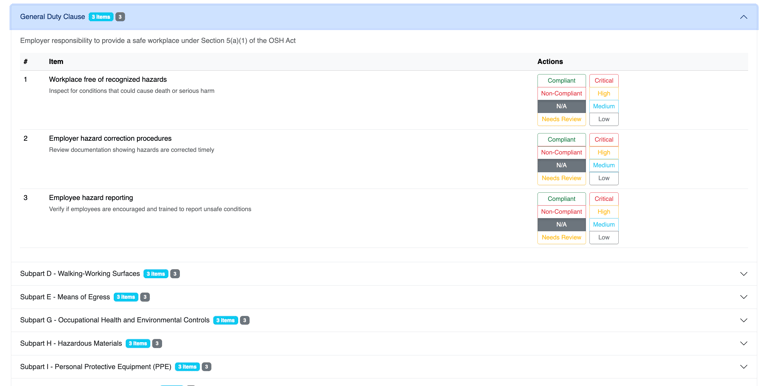Screenshot of OSHAlytics safety inspection application