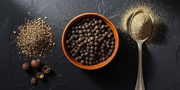 a bowl of black peppercorn and a spoon with a spoon