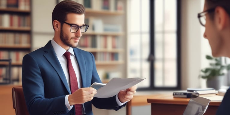 Elegant law office with golden accents and black marble desk.